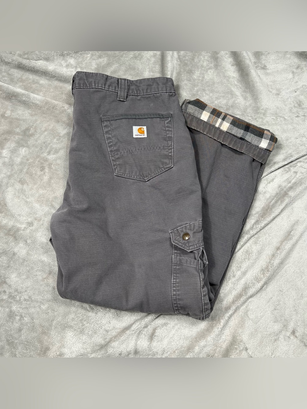 Carhartt Flannel Lined Double Knee Pants Mens 38x29 Gray Relaxed Cargo 102287